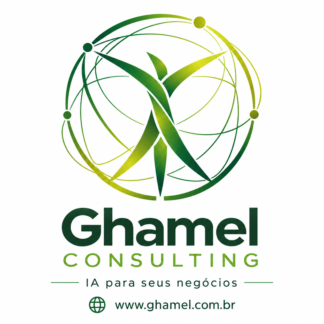 Ghamel Consulting — IA para seus negócios. Símbolo humano abstrato em forma de broto, em tons de verde.